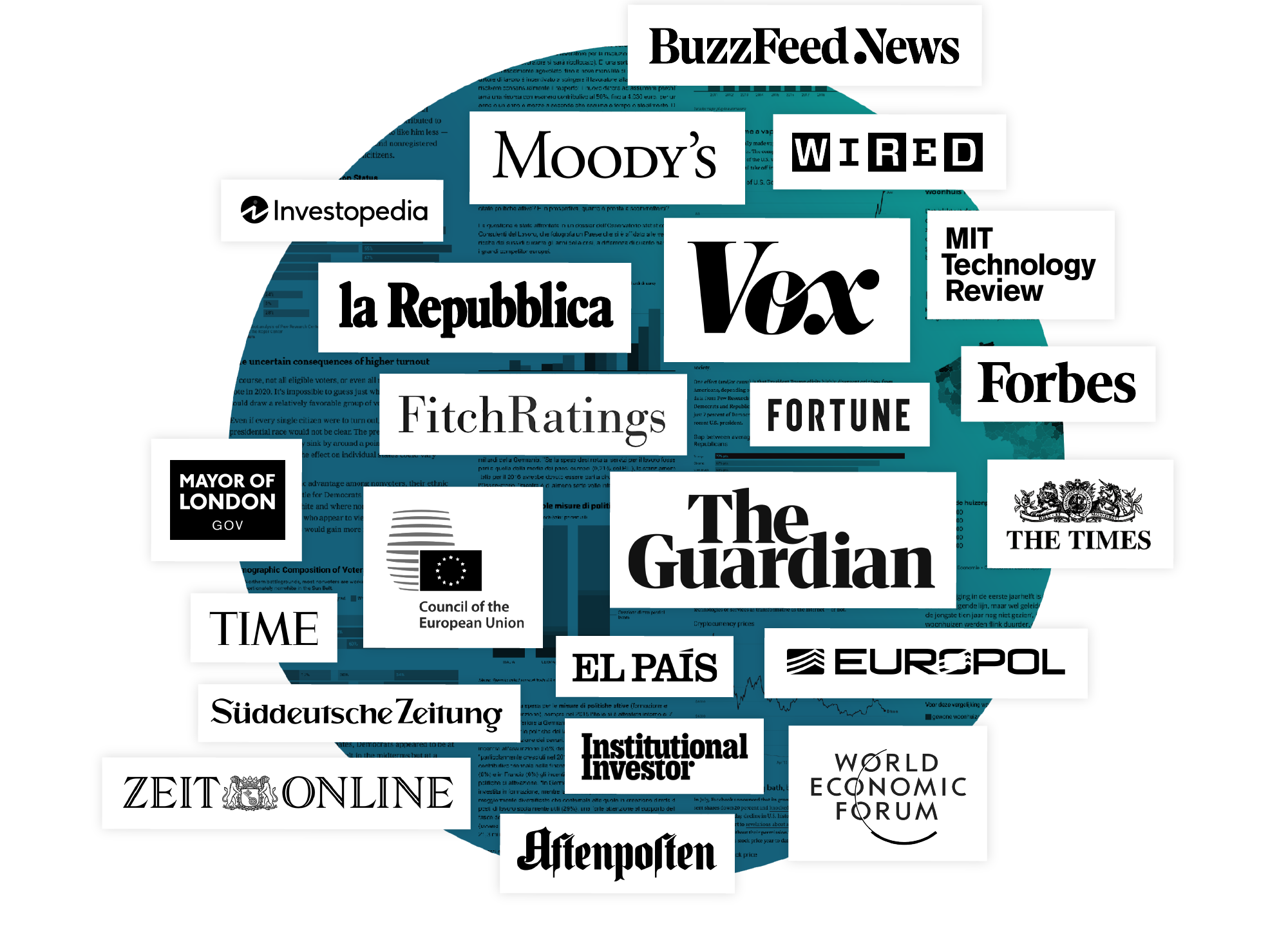 Logo wall showing companies that use Datavis, like BuzzFeed News, Vox, Guardian, Fitch Ratings, Moodys, Forbes, The Times